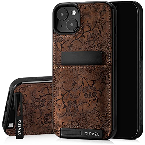 SURAZO Echtleder Back Case für Apple iPhone 15 Hülle – Stoßfestes Leder Handyhülle Cover mit [ Kartenfach, Standfunktion, Schlüsselanhänger ] Floral Slim Bumper Schutzhülle (Ornament Braun) von SURAZO