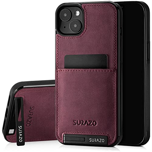 SURAZO Echtleder Back Case für Apple iPhone 15 Hülle – Stoßfestes Leder Handyhülle Cover mit [ Kartenfach, Standfunktion, Schlüsselanhänger ] Vintage Slim Bumper Schutzhülle (Burgund) von SURAZO