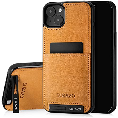 SURAZO Echtleder Back Case für Apple iPhone 15 Hülle – Stoßfestes Leder Handyhülle Cover mit [ Kartenfach, Standfunktion, Schlüsselanhänger ] Vintage Slim Bumper Schutzhülle (Camel) von SURAZO