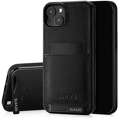 SURAZO Echtleder Back Case für Apple iPhone 15 Hülle – Stoßfestes Leder Handyhülle Cover mit [ Kartenfach, Standfunktion, Schlüsselanhänger ] Vintage Slim Bumper Schutzhülle (Costa Schwarz) von SURAZO