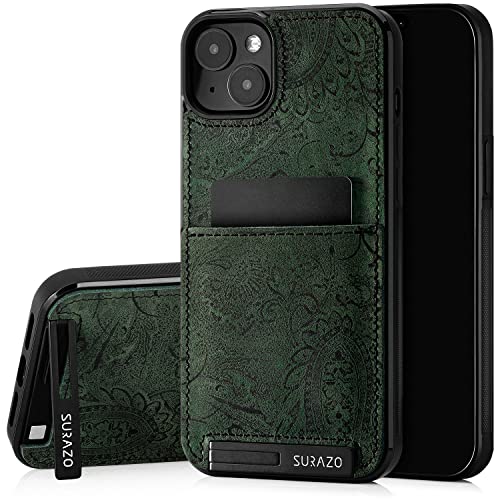 SURAZO Echtleder Back Case für Apple iPhone 15 Plus Hülle – Stoßfestes Leder Handyhülle Cover mit [ Kartenfach, Standfunktion, Schlüsselanhänger ] Floral Slim Bumper Schutzhülle (Ornament Grün) von SURAZO