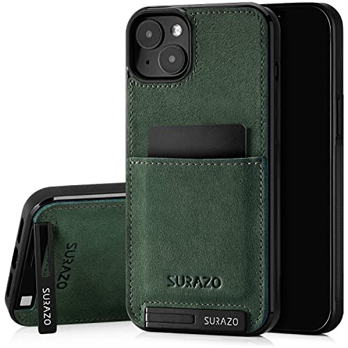 SURAZO Echtleder Back Case für Apple iPhone 15 Plus Hülle – Stoßfestes Leder Handyhülle Cover mit [ Kartenfach, Standfunktion, Schlüsselanhänger ] Vintage Slim Bumper Schutzhülle (Dunkelgrün) von SURAZO