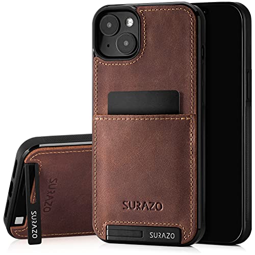 SURAZO Echtleder Back Case für Apple iPhone 15 Plus Hülle – Stoßfestes Leder Handyhülle Cover mit [ Kartenfach, Standfunktion, Schlüsselanhänger ] Vintage Slim Bumper Schutzhülle (Nussbraun) von SURAZO