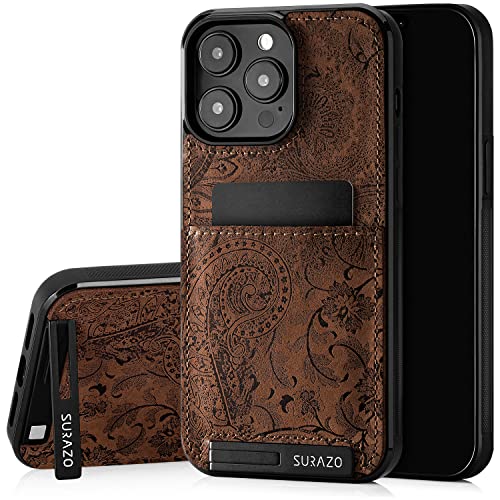 SURAZO Echtleder Back Case für Apple iPhone 15 Pro Hülle – Stoßfestes Leder Handyhülle Cover mit [ Kartenfach, Standfunktion, Schlüsselanhänger ] Floral Slim Bumper Schutzhülle (Ornament Braun) von SURAZO