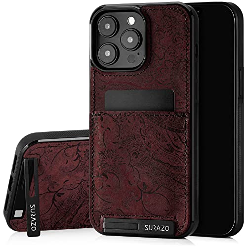 SURAZO Echtleder Back Case für Apple iPhone 15 Pro Hülle – Stoßfestes Leder Handyhülle Cover mit [ Kartenfach, Standfunktion, Schlüsselanhänger ] Floral Slim Bumper Schutzhülle (Ornament Burgund) von SURAZO