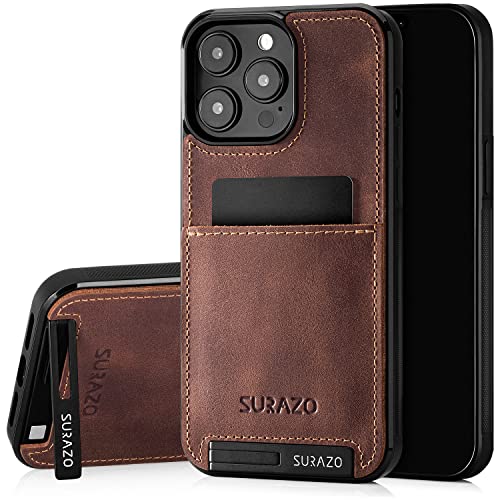 SURAZO Echtleder Back Case für Apple iPhone 15 Pro Hülle – Stoßfestes Leder Handyhülle Cover mit [ Kartenfach, Standfunktion, Schlüsselanhänger ] Vintage Slim Bumper Schutzhülle (Nussbraun) von SURAZO