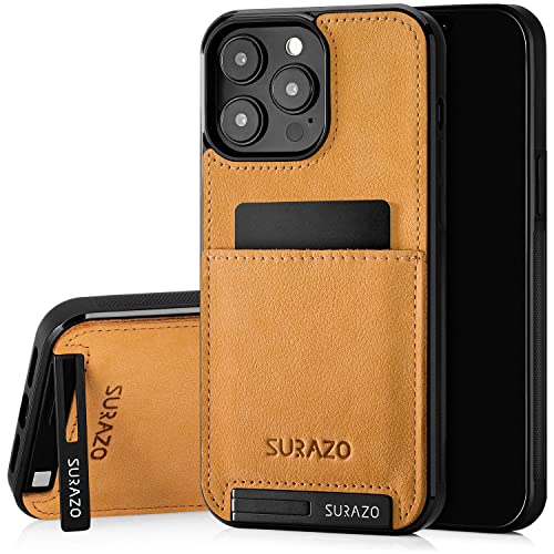 SURAZO Echtleder Back Case für Apple iPhone 15 Pro Max Hülle – Stoßfestes Leder Handyhülle Cover mit [ Kartenfach, Standfunktion, Schlüsselanhänger ] Vintage Slim Bumper Schutzhülle (Camel) von SURAZO