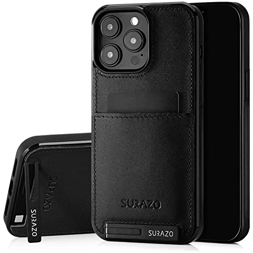 SURAZO Echtleder Back Case für Apple iPhone 15 Pro Max Hülle – Stoßfestes Leder Handyhülle Cover mit [ Kartenfach, Standfunktion, Schlüsselanhänger ] Vintage Slim Bumper Schutzhülle (Costa Schwarz) von SURAZO