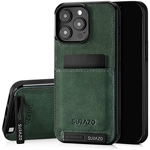 SURAZO Echtleder Back Case für Apple iPhone 15 Pro Max Hülle – Stoßfestes Leder Handyhülle Cover mit [ Kartenfach, Standfunktion, Schlüsselanhänger ] Vintage Slim Bumper Schutzhülle (Dunkelgrün) von SURAZO