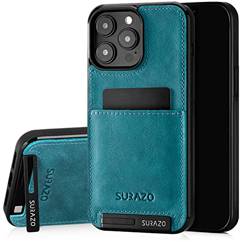 SURAZO Echtleder Back Case für Apple iPhone 15 Pro Max Hülle – Stoßfestes Leder Handyhülle Cover mit [ Kartenfach, Standfunktion, Schlüsselanhänger ] Vintage Slim Bumper Schutzhülle (Türkis) von SURAZO