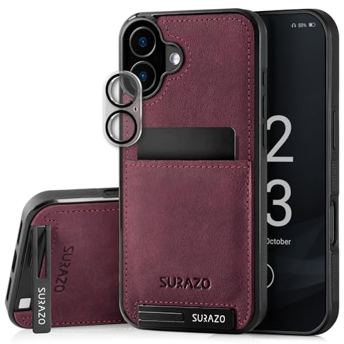 SURAZO Echtleder Back Case für Apple iPhone 16 Plus Hülle – Stoßfestes Leder Handyhülle Cover [Kameraschutz Glas, Kartenfach, Standfunktion, Schlüsselanhänger] Bumper Rückseite Schutzhülle Burgund von SURAZO