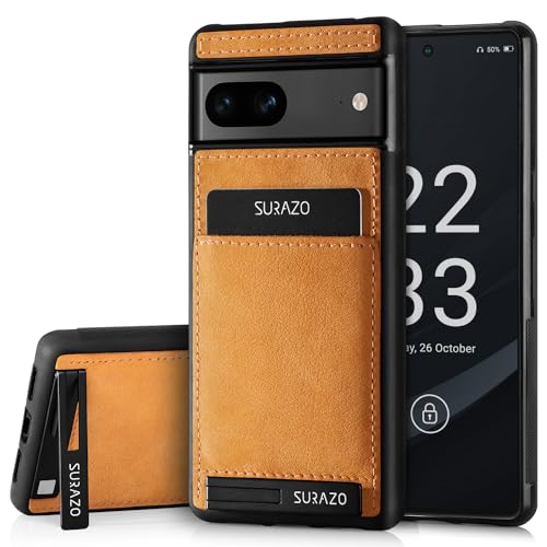 SURAZO Echtleder Back Case für Google Pixel 8 Hülle – Stoßfestes Leder Handyhülle Cover mit [ Kartenfach, Standfunktion, Schlüsselanhänger ] Vintage Slim Bumper Schutzhülle (Camel) von SURAZO
