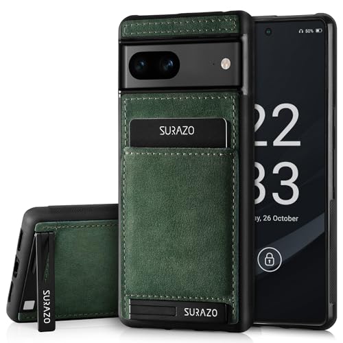 SURAZO Echtleder Back Case für Google Pixel 8 Hülle – Stoßfestes Leder Handyhülle Cover mit [ Kartenfach, Standfunktion, Schlüsselanhänger ] Vintage Slim Bumper Schutzhülle (Dunkelgrün) von SURAZO