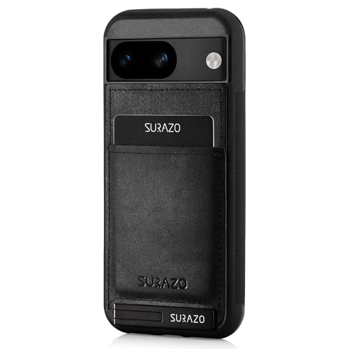 SURAZO Echtleder Back Case für Google Pixel 8a 5G Hülle – Stoßfestes Leder Handyhülle Cover mit [ Kartenfach, Standfunktion, Schlüsselanhänger ] Vintage Slim Bumper Schutzhülle (Costa Schwarz) von SURAZO
