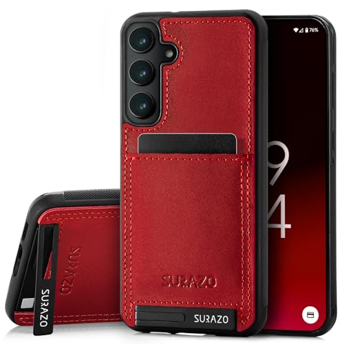 SURAZO Echtleder Back Case für Samsung Galaxy S24 FE Hülle – Stoßfestes Leder Handyhülle Cover [Kartenfach, Standfunktion, Schlüsselanhänger] Handgefertigt in EU Bumper Rückseite Schutzhülle Rot von SURAZO