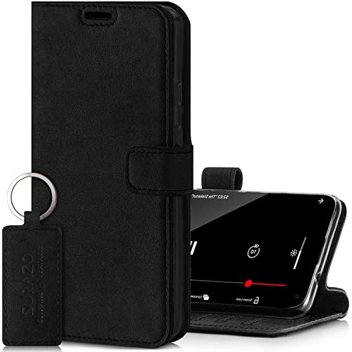 SURAZO Handyhülle für Apple iPhone 12 Pro Max – Premium Echtleder Hülle Schutzhülle mit [Standfunktion, Kartenfach, RFID Schutz] – Klapphülle Wallet case Handmade in Europe (Schwarz) von SURAZO