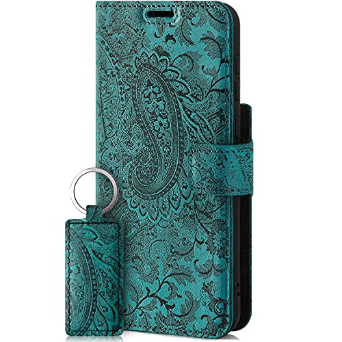 SURAZO Handyhülle für Apple iPhone 13 Mini – Premium Echtleder Hülle Schutzhülle mit [Standfunktion, Kartenfach, RFID Schutz, Blumenmuster] Handmade Klapphülle Wallet case (Türkis) von SURAZO