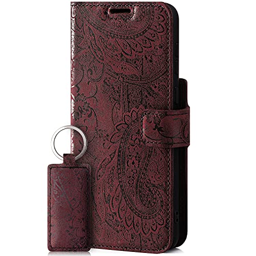 SURAZO Handyhülle für Apple iPhone 13 Pro – Premium Echtleder Hülle Schutzhülle mit [Standfunktion, Kartenfach, RFID Schutz, Blumenmuster] Handmade Klapphülle Wallet case (Burgund) von SURAZO