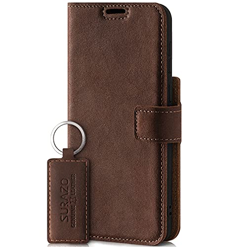 SURAZO Handyhülle für Apple iPhone 13 Pro – Premium Echtleder Hülle Schutzhülle mit [Standfunktion, Kartenfach, RFID Schutz] – Handmade Klapphülle Wallet case (Nussbraun) von SURAZO