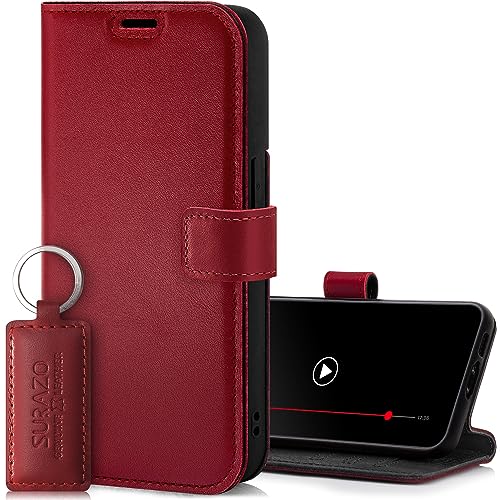 SURAZO Handyhülle für Apple iPhone 14 Hülle Leder – Klappbar Echtleder Schutzhülle [ Magnet, Kartenfach, RFID Schutz, Standfunktion ] Flip Klapphülle Case Cover Lederhülle (Costa Rot) von SURAZO