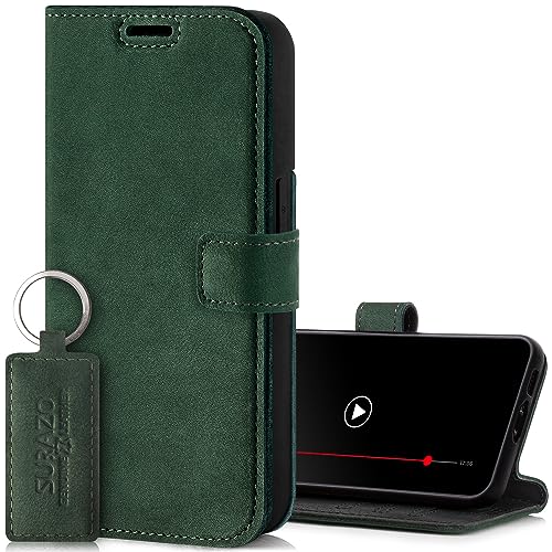 SURAZO Handyhülle für Apple iPhone 15 Hülle Leder – Klappbar Echtleder Schutzhülle [ Magnet, Kartenfach, RFID Schutz, Standfunktion ] Flip Klapphülle Case Cover Lederhülle (Dunkelgrün) von SURAZO