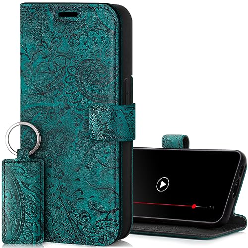 SURAZO Handyhülle für Apple iPhone 15 Hülle Leder – Klappbar Echtleder Schutzhülle [ Magnet, Kartenfach, RFID Schutz ] Flip Klapphülle Wallet Case Cover Lederhülle (Blumenmuster Türkis) von SURAZO