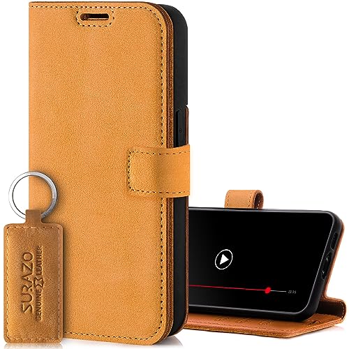 SURAZO Handyhülle für Apple iPhone 15 Plus Hülle Leder – Klappbar Echtleder Schutzhülle [ Magnet, Kartenfach, RFID Schutz, Standfunktion ] Flip Klapphülle Case Cover Lederhülle (Camel) von SURAZO
