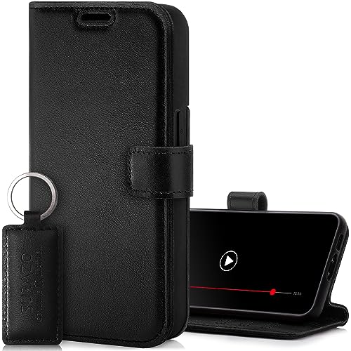 SURAZO Handyhülle für Apple iPhone 15 Plus Hülle Leder – Klappbar Echtleder Schutzhülle [ Magnet, Kartenfach, RFID Schutz, Standfunktion ] Flip Klapphülle Wallet Case Cover Lederhülle (Schwarz) von SURAZO