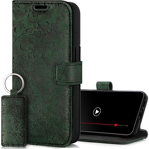 SURAZO Handyhülle für Apple iPhone 15 Plus Hülle Leder – Klappbar Echtleder Schutzhülle [ Magnet, Kartenfach, RFID Schutz ] Flip Klapphülle Wallet Case Cover Lederhülle (Blumenmuster Grün) von SURAZO