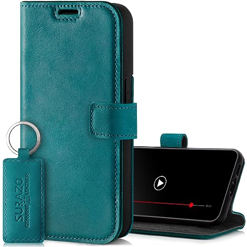 SURAZO Handyhülle für Apple iPhone 15 Pro Hülle Leder – Klappbar Echtleder Schutzhülle [ Magnet, Kartenfach, RFID Schutz, Standfunktion ] Flip Klapphülle Wallet Case Cover Lederhülle (Türkis) von SURAZO