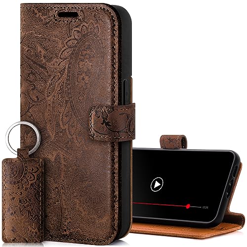 SURAZO Handyhülle für Apple iPhone 15 Pro Hülle Leder – Klappbar Echtleder Schutzhülle [ Magnet, Kartenfach, RFID Schutz ] Flip Klapphülle Wallet Case Cover Lederhülle (Blumenmuster Braun) von SURAZO