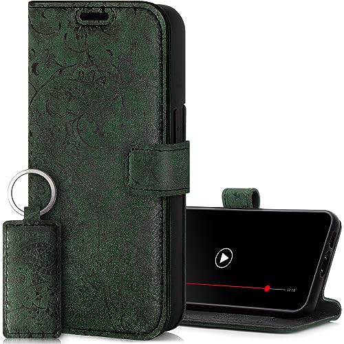 SURAZO Handyhülle für Apple iPhone 15 Pro Hülle Leder – Klappbar Echtleder Schutzhülle [ Magnet, Kartenfach, RFID Schutz ] Flip Klapphülle Wallet Case Cover Lederhülle (Blumenmuster Grün) von SURAZO