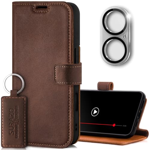 SURAZO Handyhülle für Apple iPhone 16 Hülle Leder – Klappbar Echtleder Schutzhülle [mit Kartenfach, RFID Schutz, Standfunktion, Kameraschutz Glas] Flip Klapphülle Case Cover Lederhülle Nussbraun von SURAZO