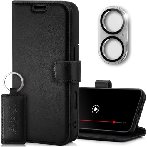 SURAZO Handyhülle für Apple iPhone 16 Hülle Leder – Klappbar Echtleder Schutzhülle [mit Kartenfach, RFID Schutz, Standfunktion, Kameraschutz Glas] Flip Klapphülle Case Cover Lederhülle Schwarz von SURAZO
