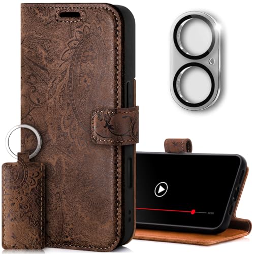 SURAZO Handyhülle für Apple iPhone 16 Plus Hülle Leder – Klappbar Echtleder Schutzhülle [mit Kartenfach, RFID Schutz, Standfunktion, Kameraschutz Glas] Flip Klapphülle Case Cover Lederhülle O. Braun von SURAZO