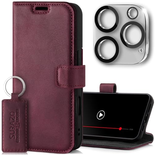 SURAZO Handyhülle für Apple iPhone 16 Pro Hülle Leder – Klappbar Echtleder Schutzhülle [mit Kartenfach, RFID Schutz, Standfunktion, Kameraschutz Glas] Flip Klapphülle Case Cover Lederhülle Burgund von SURAZO
