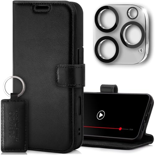 SURAZO Handyhülle für Apple iPhone 16 Pro Hülle Leder – Klappbar Echtleder Schutzhülle [mit Kartenfach, RFID Schutz, Standfunktion, Kameraschutz Glas] Flip Klapphülle Case Cover Lederhülle Schwarz von SURAZO
