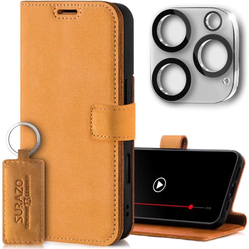 SURAZO Handyhülle für Apple iPhone 16 Pro Max Hülle Leder – Klappbar Echtleder Schutzhülle [mit Kartenfach, RFID Schutz, Standfunktion, Kameraschutz Glas] Flip Klapphülle Case Cover Lederhülle Camel von SURAZO