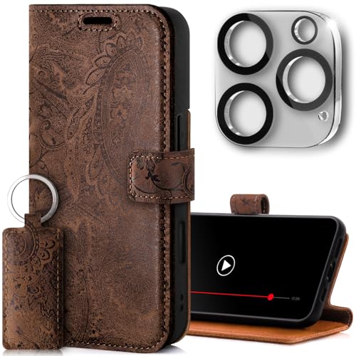 SURAZO Handyhülle für Apple iPhone 16 Pro Max Hülle Leder Klappbar Echtleder Schutzhülle [mit Kartenfach, RFID Schutz, Standfunktion, Kameraschutz Glas] Flip Klapphülle Case Cover Lederhülle O. Braun von SURAZO