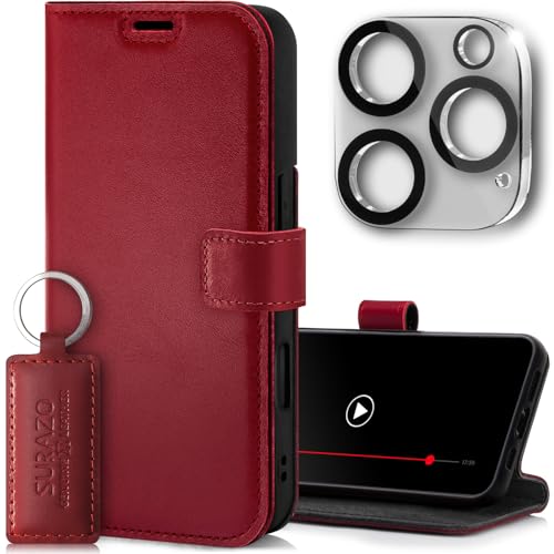 SURAZO Handyhülle für Apple iPhone 16 Pro Max Hülle Leder - Klappbar Echtleder Schutzhülle [mit Kartenfach, RFID Schutz, Standfunktion, Kameraschutz Glas] Flip Klapphülle Case Cover Lederhülle Rot von SURAZO