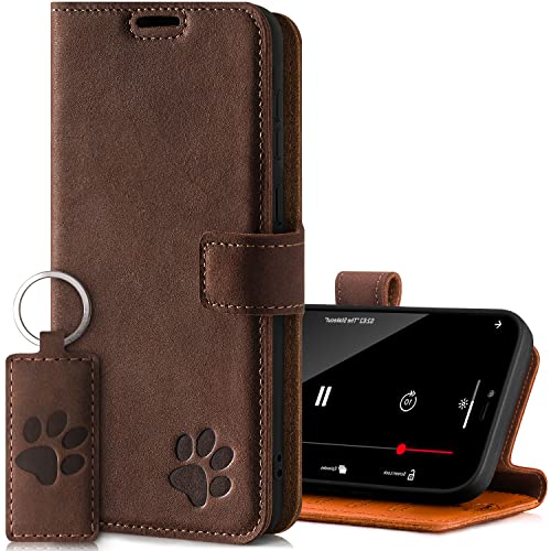 SURAZO Handyhülle für Google Pixel 6 5G – Premium Echtleder Schutzhülle mit Pfote Motiv – Vintage Klapphülle [RFID Schutz, Kartenfach, Schlüsselring] Flip Hülle Leder Case Lederhülle (Nussbraun) von SURAZO
