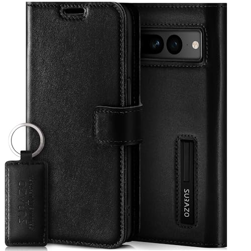 SURAZO Handyhülle für Google Pixel 8 Hülle Leder – Klappbar Echtleder Schutzhülle [ Magnet, Kartenfach, RFID Schutz, Standfunktion ] Flip Klapphülle Wallet Case Cover Lederhülle (Schwarz) von SURAZO