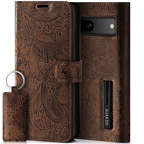 SURAZO Handyhülle für Google Pixel 8 Hülle Leder – Klappbar Echtleder Schutzhülle [ Magnet, Kartenfach, RFID Schutz ] Flip Klapphülle Wallet Case Cover Lederhülle (Blumenmuster Braun) von SURAZO