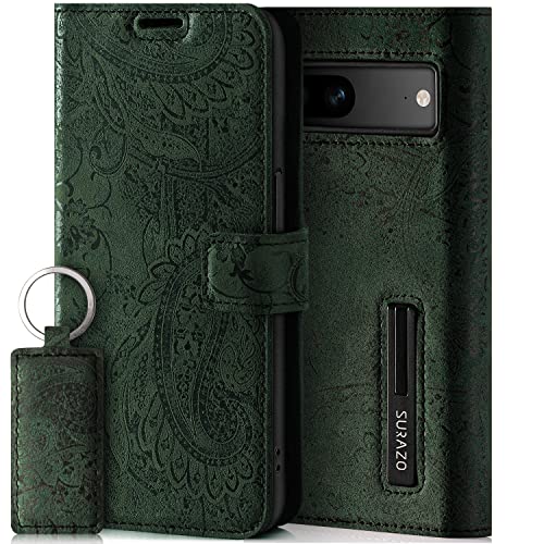 SURAZO Handyhülle für Google Pixel 8 Hülle Leder – Klappbar Echtleder Schutzhülle [ Magnet, Kartenfach, RFID Schutz ] Flip Klapphülle Wallet Case Cover Lederhülle (Blumenmuster Grün) von SURAZO