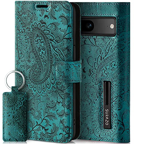 SURAZO Handyhülle für Google Pixel 8 Hülle Leder – Klappbar Echtleder Schutzhülle [ Magnet, Kartenfach, RFID Schutz ] Flip Klapphülle Wallet Case Cover Lederhülle (Blumenmuster Türkis) von SURAZO
