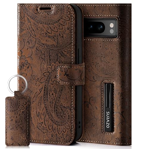 SURAZO Handyhülle für Google Pixel 8 Pro Hülle Leder – Klappbar Echtleder Schutzhülle [ Magnet, Kartenfach, RFID Schutz ] Flip Klapphülle Wallet Case Cover Lederhülle (Blumenmuster Braun) von SURAZO