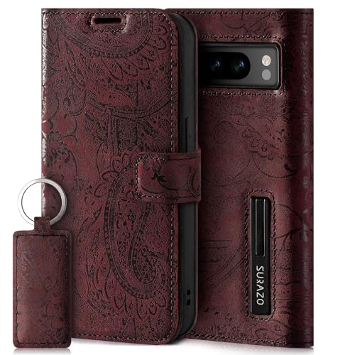 SURAZO Handyhülle für Google Pixel 8 Pro Hülle Leder – Klappbar Echtleder Schutzhülle [ Magnet, Kartenfach, RFID Schutz ] Flip Klapphülle Wallet Case Cover Lederhülle (Blumenmuster Burgund) von SURAZO