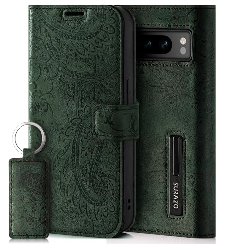 SURAZO Handyhülle für Google Pixel 8 Pro Hülle Leder – Klappbar Echtleder Schutzhülle [ Magnet, Kartenfach, RFID Schutz ] Flip Klapphülle Wallet Case Cover Lederhülle (Blumenmuster Grün) von SURAZO