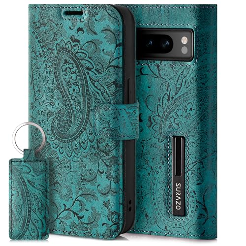 SURAZO Handyhülle für Google Pixel 8 Pro Hülle Leder – Klappbar Echtleder Schutzhülle [ Magnet, Kartenfach, RFID Schutz ] Flip Klapphülle Wallet Case Cover Lederhülle (Blumenmuster Türkis) von SURAZO