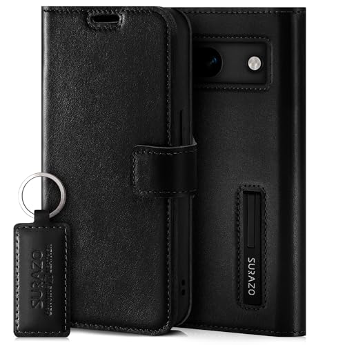 SURAZO Handyhülle für Google Pixel 8a Hülle Leder – Klappbar Echtleder Schutzhülle [ Magnet, Kartenfach, RFID Schutz, Standfunktion ] Flip Klapphülle Wallet Case Cover Lederhülle (Schwarz) von SURAZO